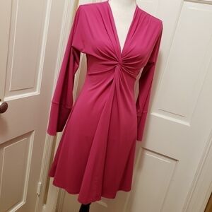 Moda International Women's Pink V-Neck Long Sleeve A-Line Pleated Dress …